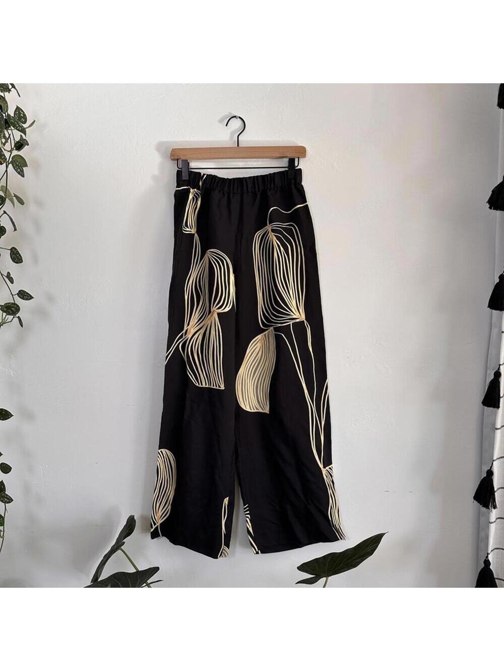 Lafayette 148 New York XS Riverside Leaf-Print High-Rise Pant Black Wide Leg